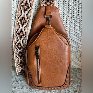 Cognac Vegan Leather Sling Crossbody Purse with Patterned Strap
